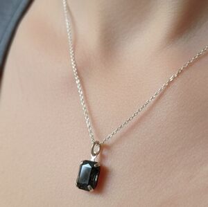 Black Faceted Gemstone Charm Rectangle Silver Tone Minimalist Necklace Pendant